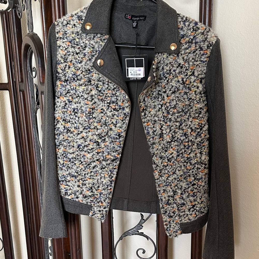Carole Little Gray Knit Bomber Jacket with Tweed Front